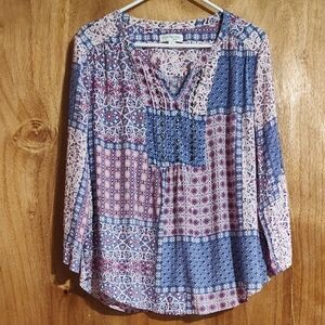 Kim Rogers Petite Mixed Print Popover Blouse Pink Lavender Convertible Sleeve PL